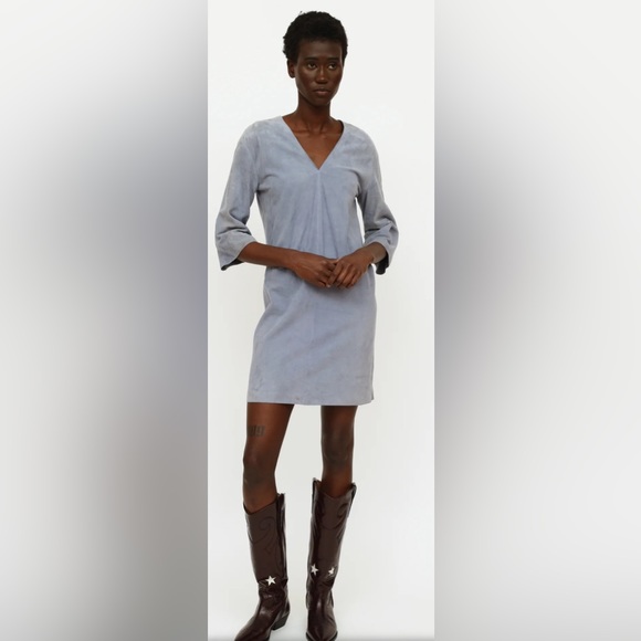 VINCE Lamb Leather/Suede V-Neck Shift Dress In Light Blue Size XS - Picture 3 of 12